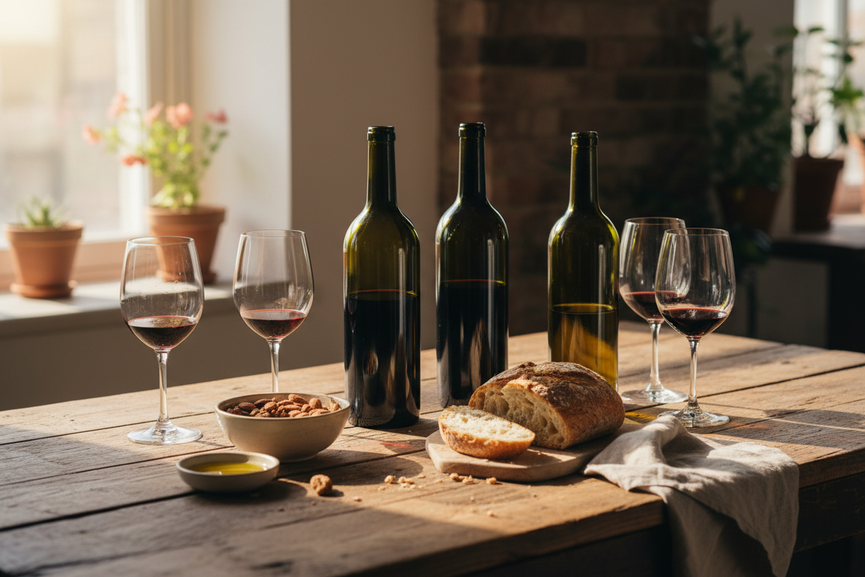 Editorial still-life of wine bottles, glasses, and simple snacks on a wooden table, warm natural light, welcoming and unpretentious, no branding.